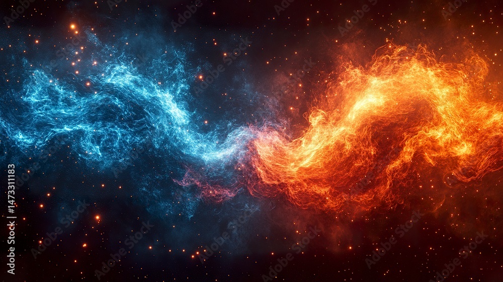 Fototapeta premium Symmetrical flame artwork with glowing red and blue colors, representing balance and opposition 