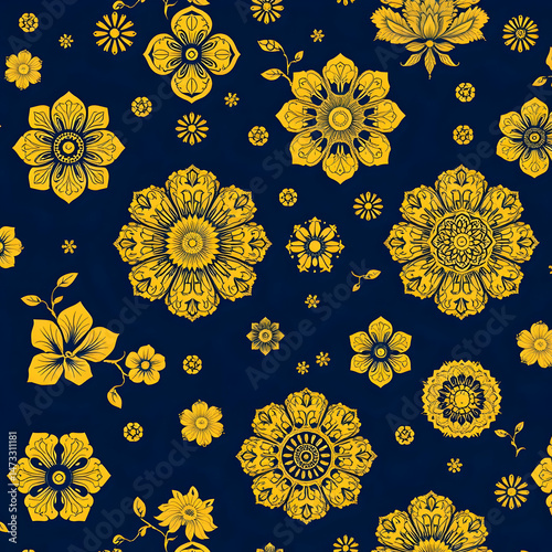 Chinese gold floral fabric on deep indigo blue seamless pattern.