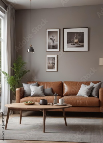 Elegant dining area with brown sofa, wooden table, framed photos  Grey walls enhance chic contemporary feel ,  interior design,  walls