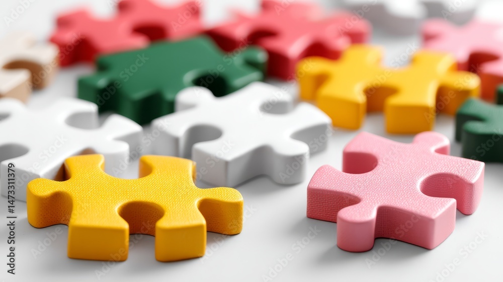 Obraz premium Colorful interconnected puzzle pieces, a visual representation of teamwork and problem solving