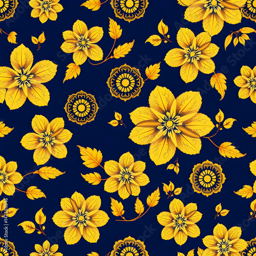 Chinese gold floral fabric on deep indigo blue seamless pattern.