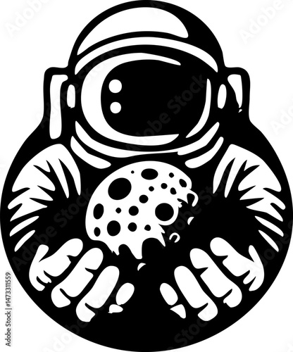 Sketchy cosmic emblem of scientist cosmonaut holds priceless meteorite in his hands in monochrome. Engraving minimalistic vector in black ink drawing on transparent background