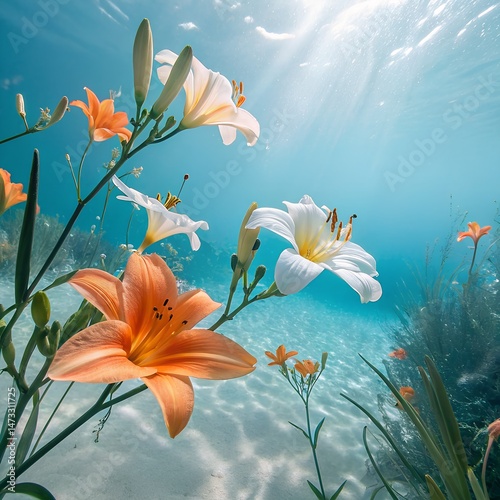  A captivating view of vibrant lilies and delicate petals swaying in the sun-dappled underwater realm. The delicate interplay of light and shadow creates a mesmerizing.