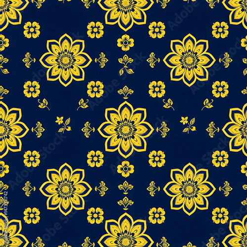 Chinese gold floral fabric on deep indigo blue seamless pattern.