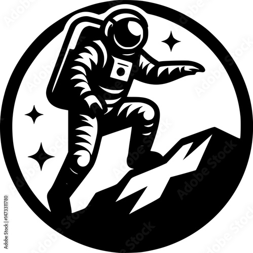 Sketchy cosmic emblem of astronaut discoverer climbs to top of alien mountain in monochrome. Engraving minimalistic vector in black ink drawing on transparent background