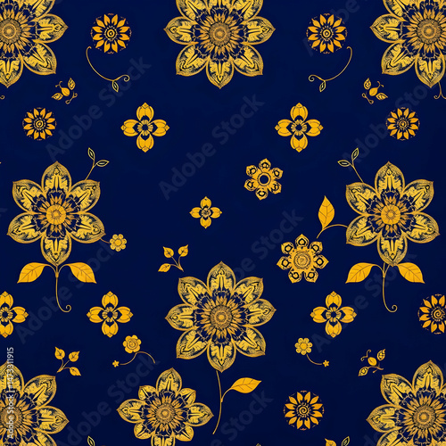 Chinese gold floral fabric on deep indigo blue seamless pattern.