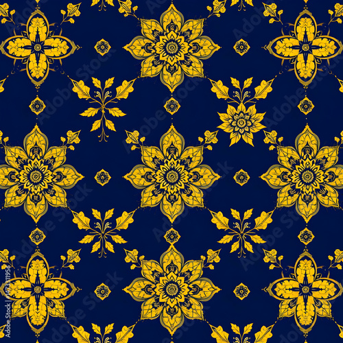 Chinese gold floral fabric on deep indigo blue seamless pattern.