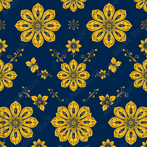 Chinese gold floral fabric on deep indigo blue seamless pattern.