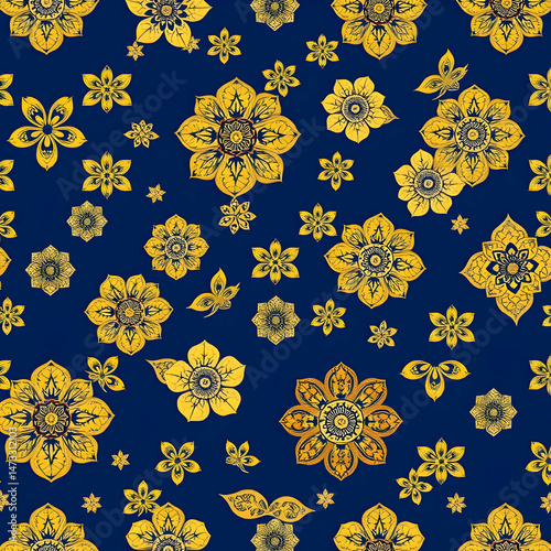 Chinese gold floral fabric on deep indigo blue seamless pattern.