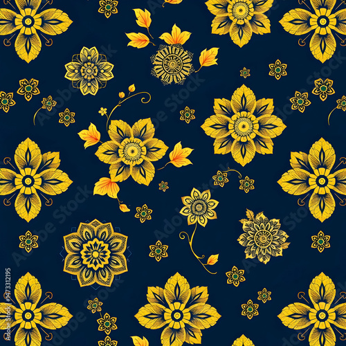 Chinese gold floral fabric on deep indigo blue seamless pattern.