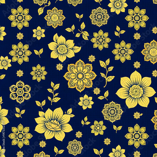 Chinese gold floral fabric on deep indigo blue seamless pattern.