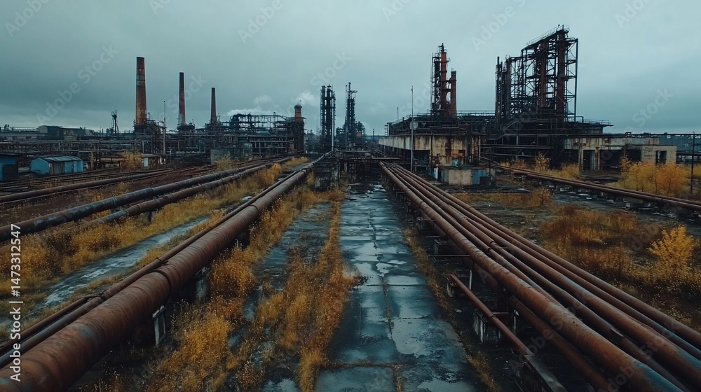 Fototapeta premium Gloomy Industrial Landscape: A View of a Vast, Overgrown Factory Complex