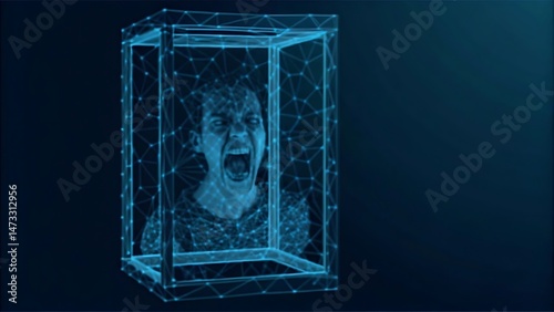 a person screaming silently inside a glass box filled with digital ads.