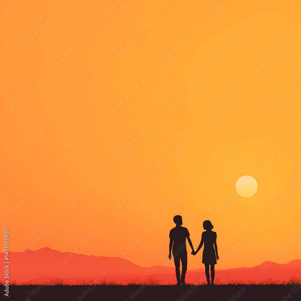 Fototapeta premium Silhouetted couple holding hands, strolling in a sunset landscape with mountain backdrop and orange sky.