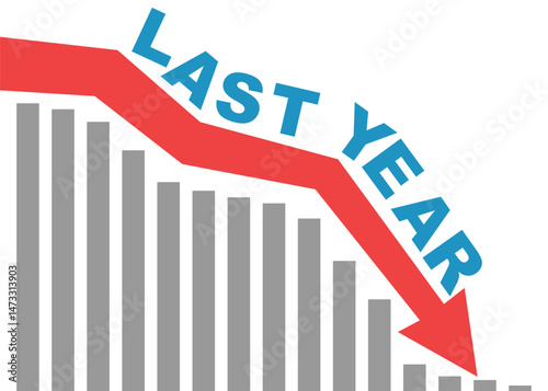 blue arrow going down with bars graph and last year text