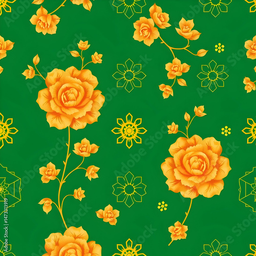 Chinese gold floral pattern on jade green seamless decorative fabric.