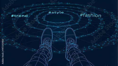 a person’s shoes standing empty surrounded by spirals of floating hashtags