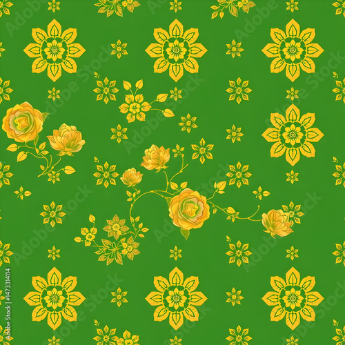 Chinese gold floral pattern on jade green seamless decorative fabric.