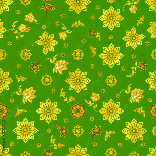 Chinese gold floral pattern on jade green seamless decorative fabric.
