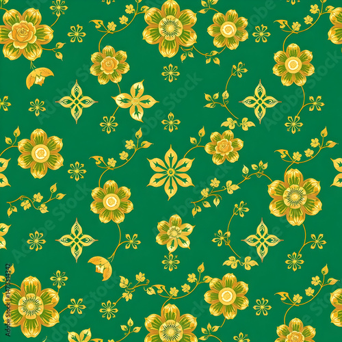 Chinese gold floral pattern on jade green seamless decorative fabric.