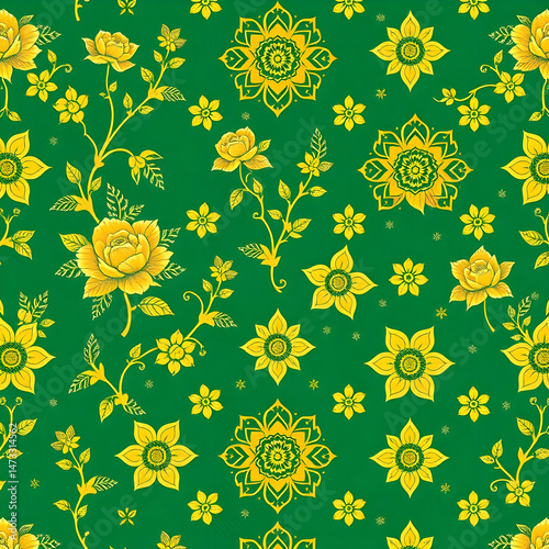 Chinese gold floral pattern on jade green seamless decorative fabric.