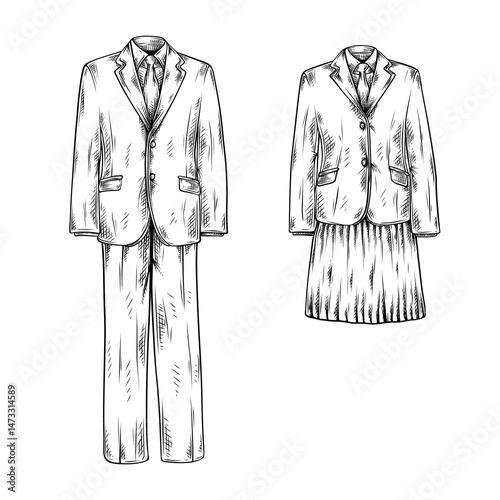 vector line art hand drawn illustration set collection of a school uniforms