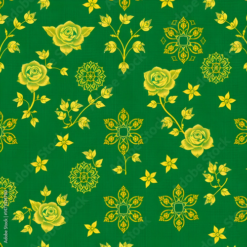 Chinese gold floral pattern on jade green seamless decorative fabric.