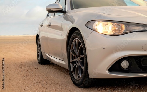 Close-up of a sleek grey car, highlighting its modern design, smooth lines, and polished details against a cloudy sky backdrop
