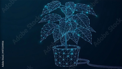 a potted plant turning into wires with glowing digital leaves
