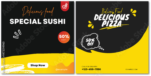 Irresistible Food Promotions: Sushi and Pizza on Vibrant Yellow Background