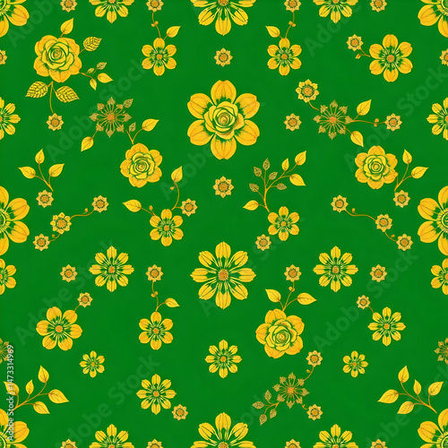 Chinese gold floral pattern on jade green seamless decorative fabric.