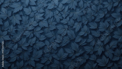 Dark Blue Pattern of Delicate Leaves Creating a Serene and Calming Natural Background