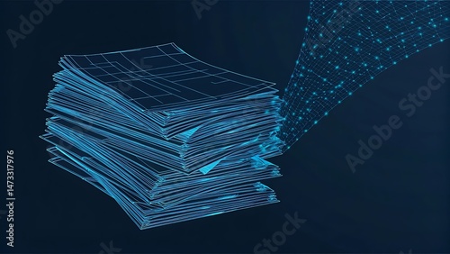 a stack of paper documents being devoured by pixelated static waves