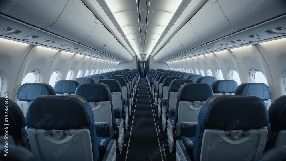 Fototapeta premium Empty Modern Airplane Interior with Comfortable Rows of Seats and Bright Windows