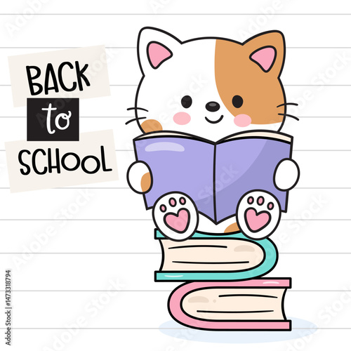 cat kitten read book on book stack kawaii animal back to school character