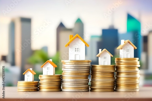 Real Estate Investment: Miniature Houses on Gold Coin Stacks with City Skyline Background - Property Value Growth Concept
