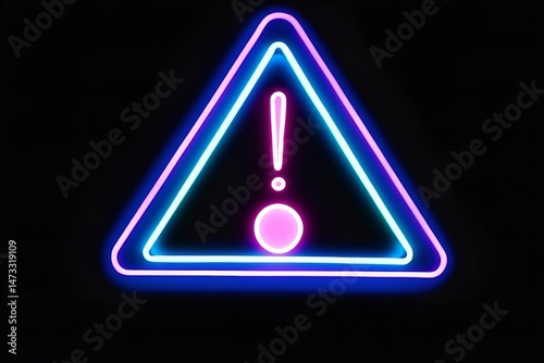 Neon Warning Sign: Glowing Blue & Pink Triangle Exclamation Point, Modern Alert Symbol, Danger Signage, Safety Icon, Dark Background