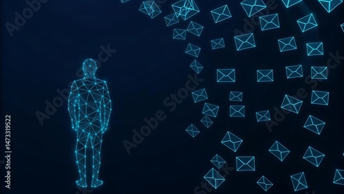 a swarm of unread emails circling a fading human figure.
