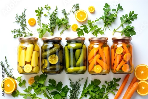 Pickled Vegetables in Jars: Colorful Homemade Pickles, Carrots, Cucumbers, and Squash with Herbs and Citrus Fruit on White Background - Food Photography