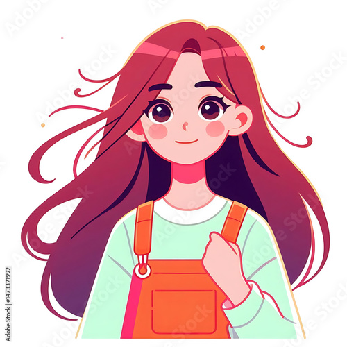Anime girl with long red hair, orange overalls, and a handbag