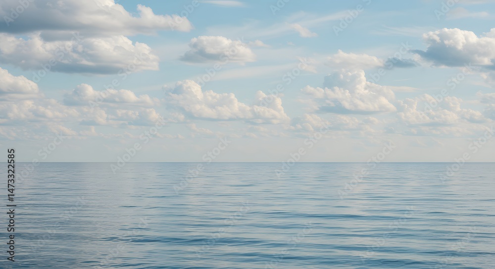 Obraz premium Serene Ocean and Sky Calm Water, Fluffy Clouds, Peaceful Nature Scenery for Relaxation, Travel and Tranquility