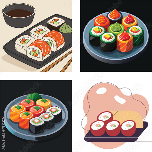 Assorted Sushi Platters with Various Styles and Toppings