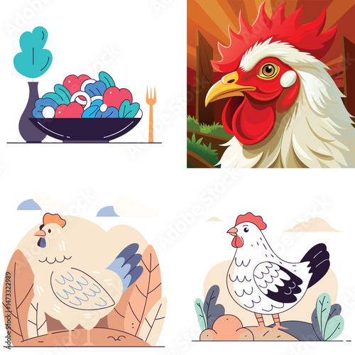 Farm Fresh Illustration Collage Featuring Chickens and a Salad