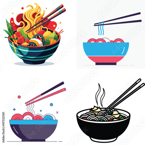 A Colorful Collection of Asian Noodle Bowls with Chopsticks