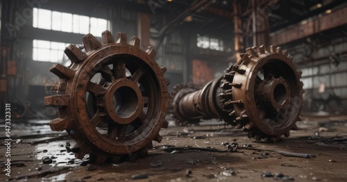 Rusting gears, dripping pipes in a derelict factory ,  oxidized,  damp,  engine