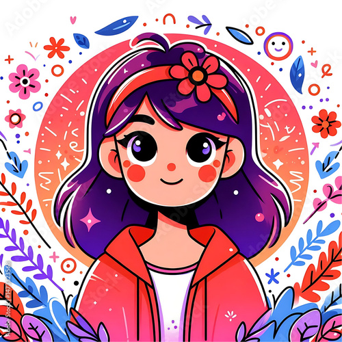 Cute Cartoon Girl with Flower Headband and Smiling Face
