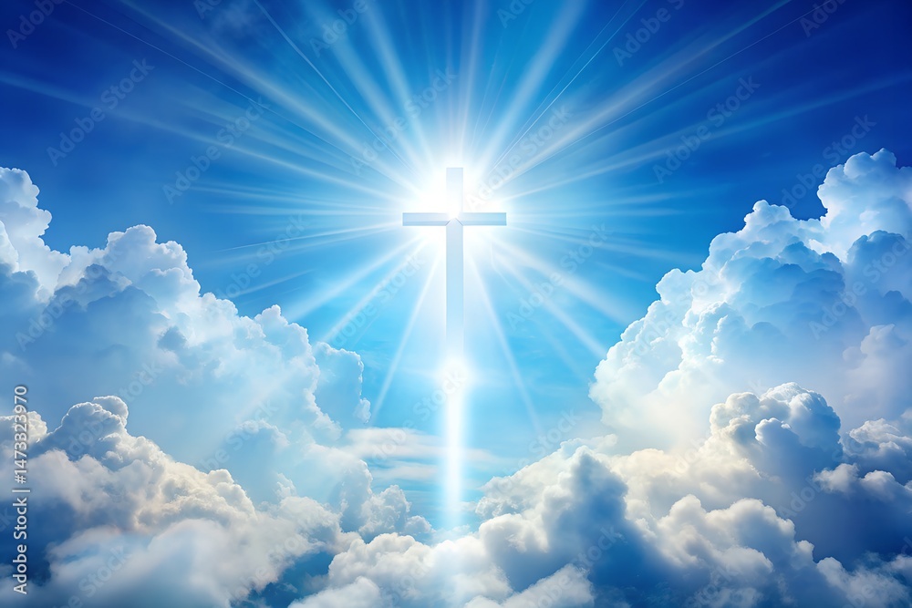 Fototapeta premium Shining Cross in Heavenly Cloudscape Dramatic Light Rays