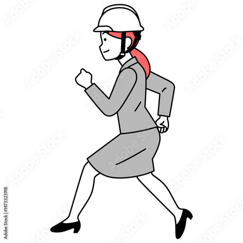 走るスーツにヘルメットの女性（横向き）