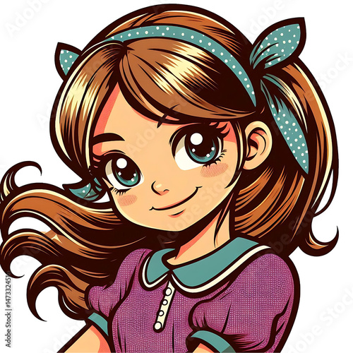 Adorable Cartoon Girl with Blue Eyes and Hair Ribbon
