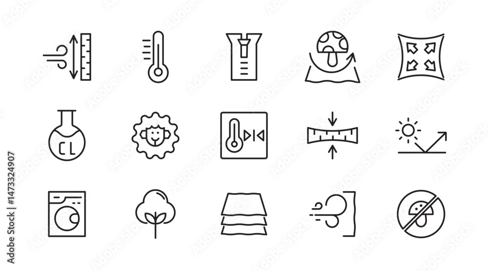 Fototapeta premium Fabric feature line icon set. Sleek, textile, clothing, patterns, cotton, leather, silk, thermo, recycled, bamboo, and characteristics outline linear icon collection. Textile thin icon pack